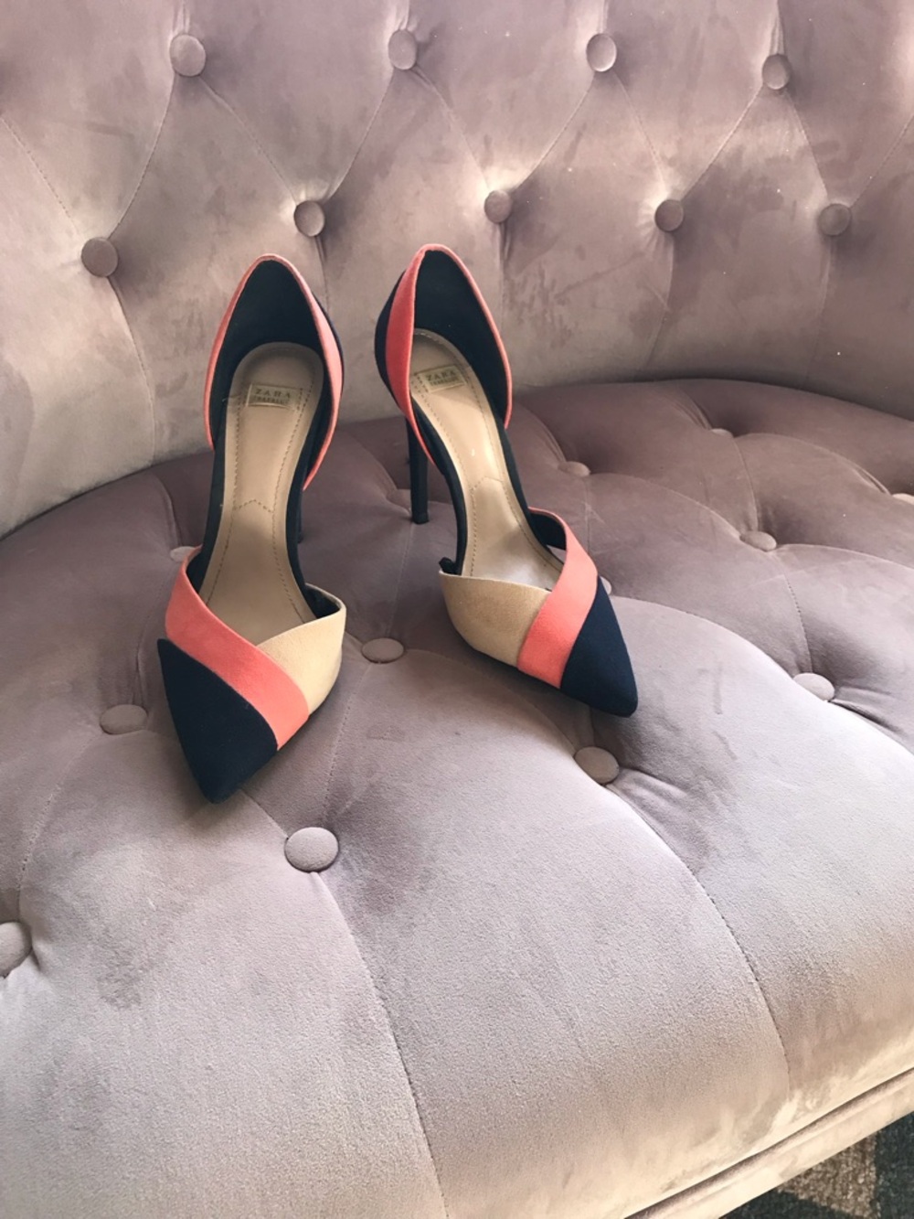 Zara Colorblock Pointed-Toe Stiletto Pumps - Black, Coral & Cream